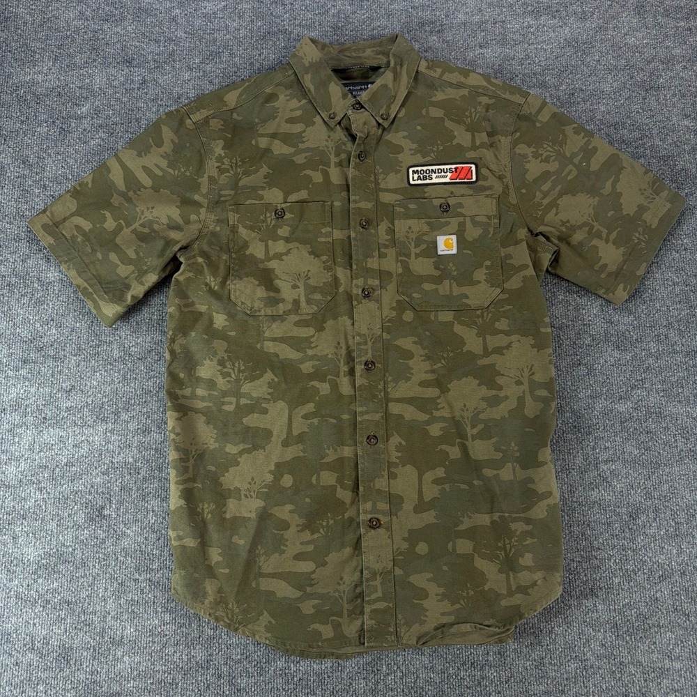 Carhartt Rugged Flex Mens Camo Short Sleeve Button Down Green M Relaxed Fit